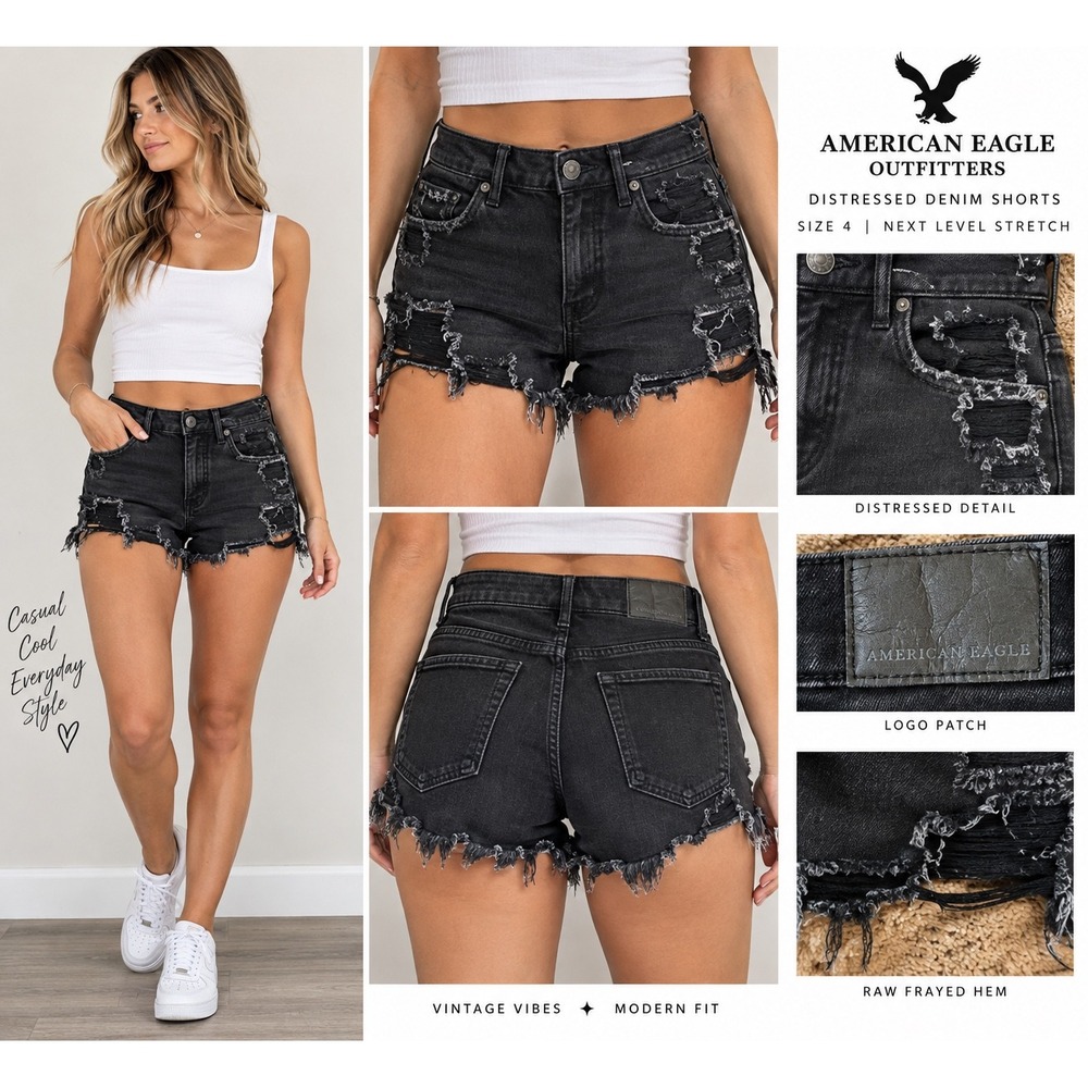 American Eagle Next Level Stretch Distressed Denim Shorts Black Size 4 High Rise